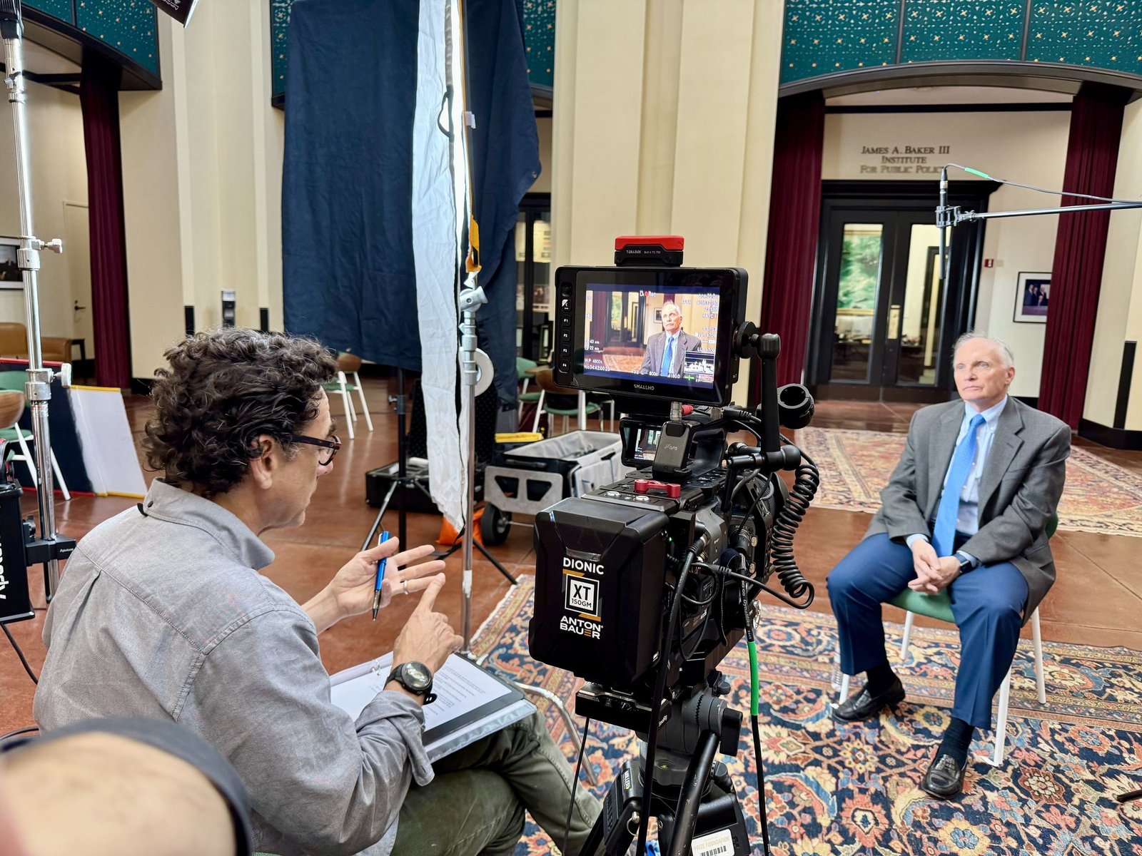 Skip York being filmed for a documentary interview at Rice University's Baker Institute
